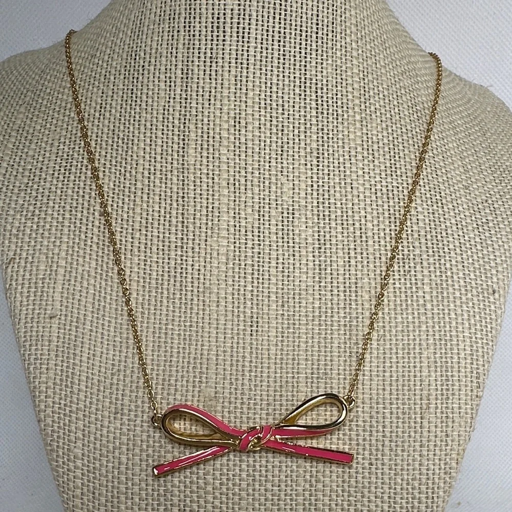 Kate Spade Gold Necklace with Pink Enamel Bow – 28” with 2” Extender